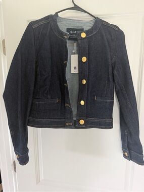 SPANX Dark Indigo Collarless Denim Jacket with Gold Buttons